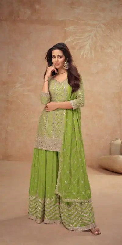 FC 7518 Parrot Green Chinon Salwar Suit Perfect for Wedding, Party, Diwali, Durga Puja, Temple Visit – . Festive Deal ₹3099. Delivery 4-6 Working Days. | Casual Suits, Jump Suits, Tops & Bottoms, Track Suits, Trendy Wear, Creative suits, Designer Suits, Palazzo Suits, Party Wear Suits, Patiala Suits, Salwar suit, Straight Suits