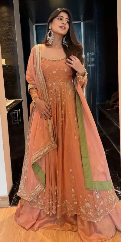 KD 1573 Peach Color Chinon Silk Sequence Lace Work Gown. Online Affordable Price ₹2549. Delivery 4-6 Working Days. Shop now. | Bollywood Gowns, Creative Gowns, Designer Gowns, Embroidered Gowns, Gowns, Party Wear Gowns
