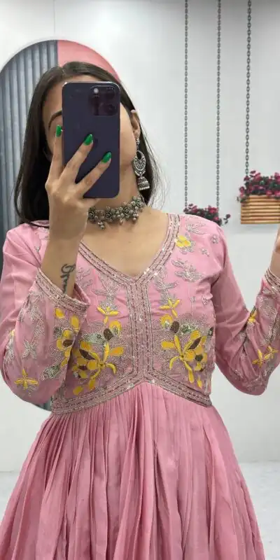 PC 542 Peach Color Chinon Gown with Thread & Embroidery Work. Available at ₹1749 only. Delivery 4-6 Working Days. Shop now. | Bollywood Gowns, Creative Gowns, Designer Gowns, Embroidered Gowns, Gowns, Party Wear Gowns