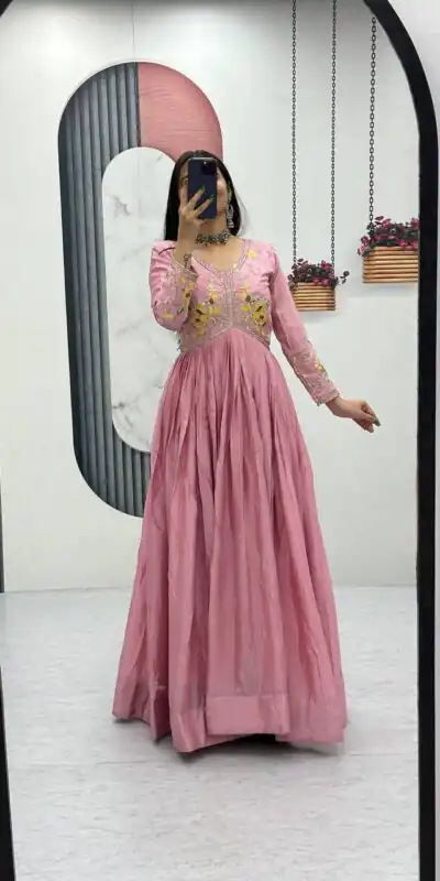 PC 542 Peach Color Chinon Gown with Thread & Embroidery Work. Available at ₹1749 only. Delivery 4-6 Working Days. Shop now. | Bollywood Gowns, Creative Gowns, Designer Gowns, Embroidered Gowns, Gowns, Party Wear Gowns