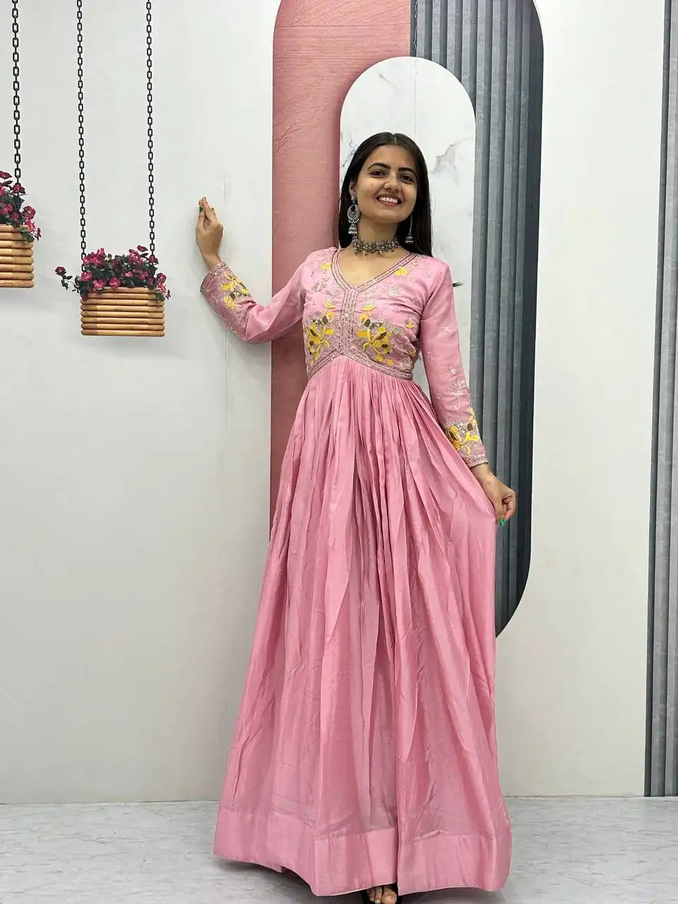 PC 542 Peach Color Chinon Gown with Thread & Embroidery Work. Available at ₹1749 only. Delivery 4-6 Working Days. Shop now. | Bollywood Gowns, Creative Gowns, Designer Gowns, Embroidered Gowns, Gowns, Party Wear Gowns