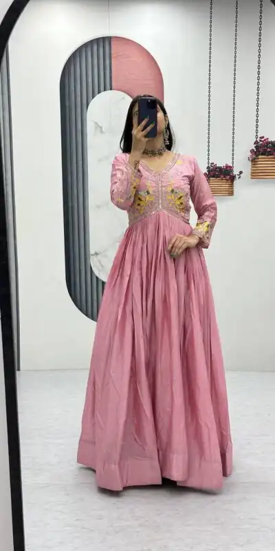 PC 542 Peach Color Chinon Gown with Thread & Embroidery Work. Available at ₹1749 only. Delivery 4-6 Working Days. Shop now. | Bollywood Gowns, Creative Gowns, Designer Gowns, Embroidered Gowns, Gowns, Party Wear Gowns