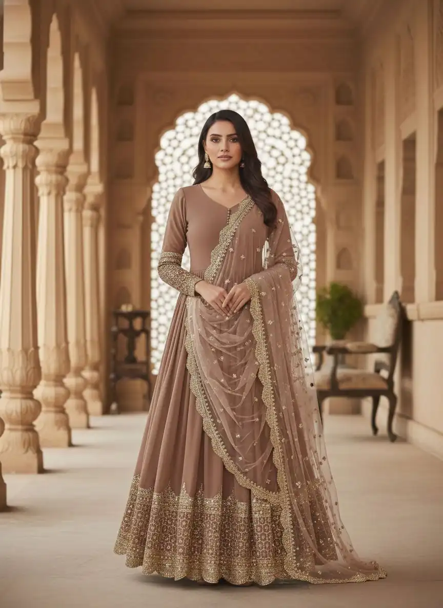 ZF 194 Peach Faux Georgette Gown Perfect for Wedding, Party, Makar Sankranti, Karwa Chauth, Ethnic Day – . Now at just ₹1999. Delivery 4-6 Working D | Bollywood Gowns, Creative Gowns, Designer Gowns, Embroidered Gowns, Gowns, Party Wear Gowns
