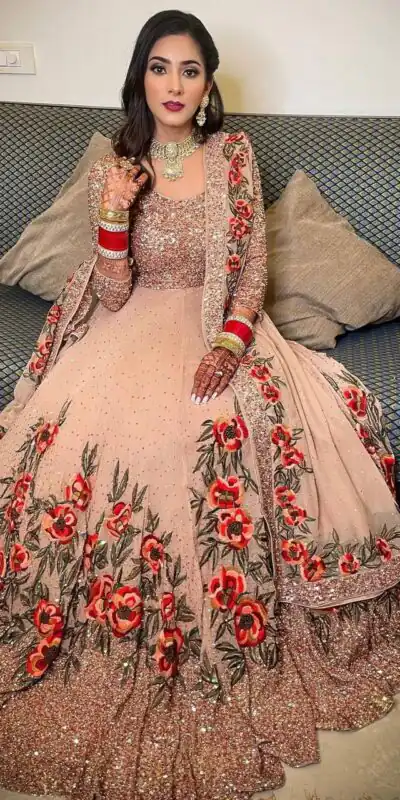 RC 217 Peach Georgette Gown with Embroidery Work & Stone Work. Available at ₹2049 only. Delivery 4-6 Working Days. Shop now. | Bollywood Gowns, Creative Gowns, Designer Gowns, Embroidered Gowns, Gowns, Party Wear Gowns