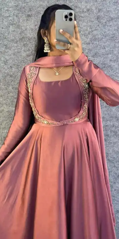 MF 888 Peach Rangoli Silk Gown with Lace Border & Lace Work. Available at ₹1649 only. Delivery 4-6 Working Days. Shop now. | Bollywood Gowns, Creative Gowns, Designer Gowns, Embroidered Gowns, Gowns, Party Wear Gowns