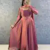 MF 888 Peach Rangoli Silk Gown with Lace Border & Lace Work. Available at ₹1649 only. Delivery 4-6 Working Days. Shop now. | Bollywood Gowns, Creative Gowns, Designer Gowns, Embroidered Gowns, Gowns, Party Wear Gowns