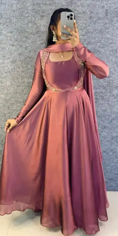 MF 888 Peach Rangoli Silk Gown with Lace Border & Lace Work. Available at ₹1649 only. Delivery 4-6 Working Days. Shop now. | Bollywood Gowns, Creative Gowns, Designer Gowns, Embroidered Gowns, Gowns, Party Wear Gowns