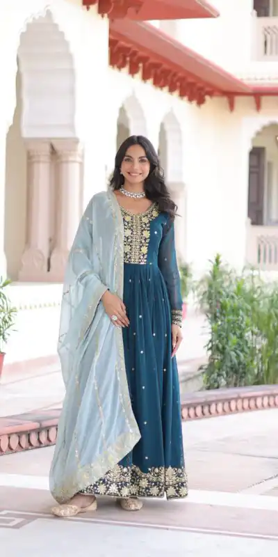 KA 1217 Peacock Blue Faux Georgette Sequence Work Gown Gown. Wedding, Party, Festive, Events Grab it for ₹2149. Delivery 4-6 Working Days. Shop now. | Bollywood Gowns, Creative Gowns, Designer Gowns, Embroidered Gowns, Gowns, Party Wear Gowns