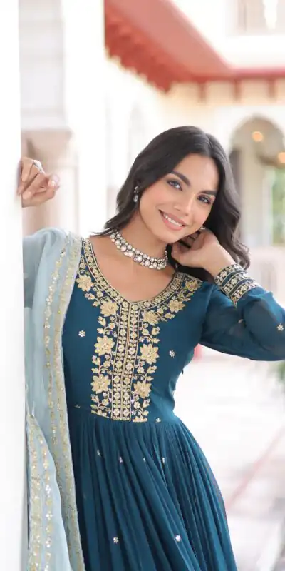 KA 1217 Peacock Blue Faux Georgette Sequence Work Gown Gown. Wedding, Party, Festive, Events Grab it for ₹2149. Delivery 4-6 Working Days. Shop now. | Bollywood Gowns, Creative Gowns, Designer Gowns, Embroidered Gowns, Gowns, Party Wear Gowns