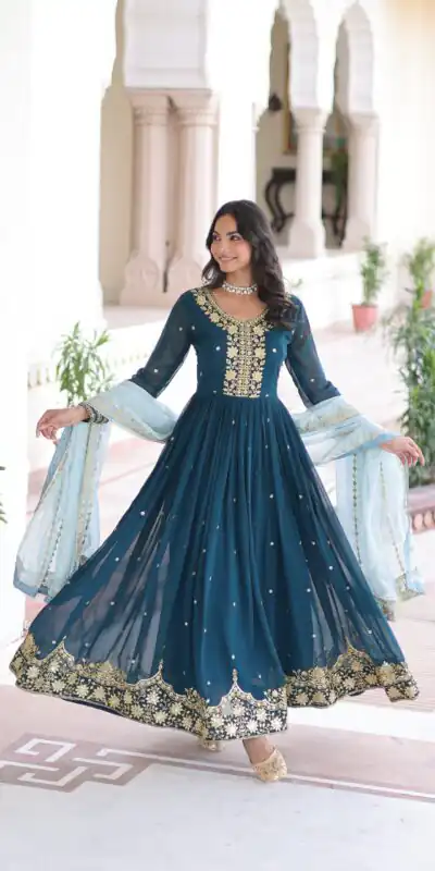 KA 1217 Peacock Blue Faux Georgette Sequence Work Gown Gown. Wedding, Party, Festive, Events Grab it for ₹2149. Delivery 4-6 Working Days. Shop now. | Bollywood Gowns, Creative Gowns, Designer Gowns, Embroidered Gowns, Gowns, Party Wear Gowns