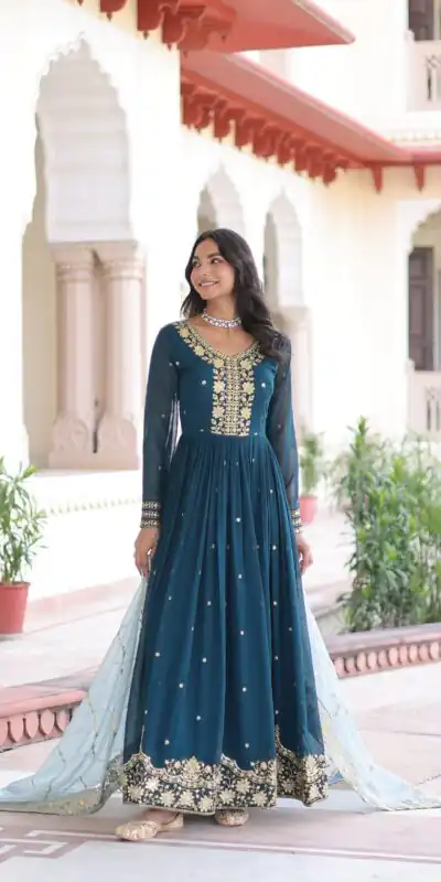KA 1217 Peacock Blue Faux Georgette Sequence Work Gown Gown. Wedding, Party, Festive, Events Grab it for ₹2149. Delivery 4-6 Working Days. Shop now. | Bollywood Gowns, Creative Gowns, Designer Gowns, Embroidered Gowns, Gowns, Party Wear Gowns