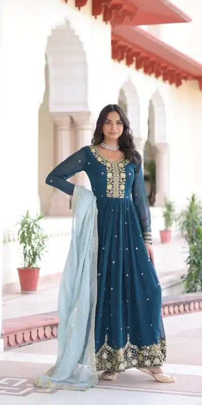 KA 1217 Peacock Blue Faux Georgette Sequence Work Gown Gown. Wedding, Party, Festive, Events Grab it for ₹2149. Delivery 4-6 Working Days. Shop now. | Bollywood Gowns, Creative Gowns, Designer Gowns, Embroidered Gowns, Gowns, Party Wear Gowns