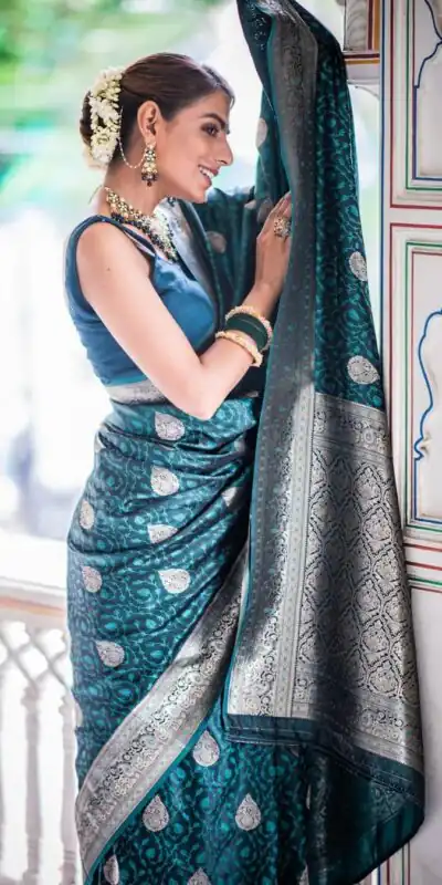 KPR 252 Peacock Blue in Soft Lichi Silk Lace Work & Lace Border Saree. Affordable Price ₹1449. Delivery 4-6 Working Days. Shop now. | Creative Sarees, Bollywood Sarees, Designer Sarees, Embroidered Sarees, Ethnic Saree, Modern Digital sarees, Party Wear Sarees, Sarees