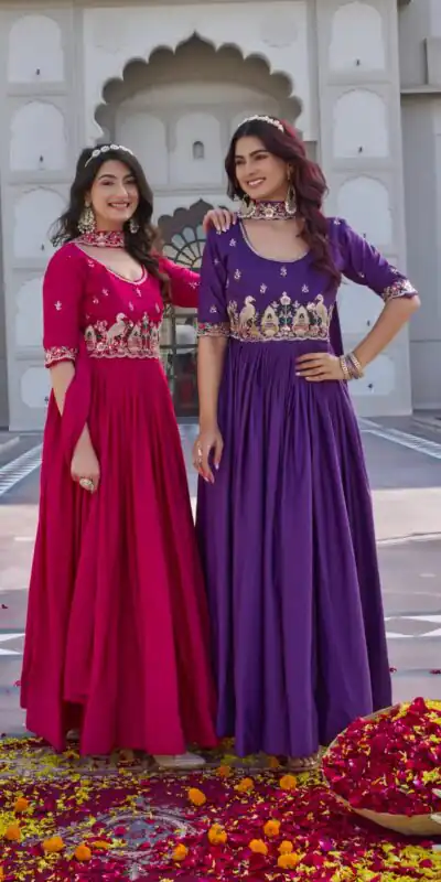 Ram 152 Pink Crap Silk Gown Perfect for Wedding, Party, Durga Puja, Temple Visit, Raksha Bandhan – . Available at ₹1899 only. Delivery 4-6 Working Days | Bollywood Gowns, Creative Gowns, Designer Gowns, Embroidered Gowns, Gowns, Party Wear Gowns