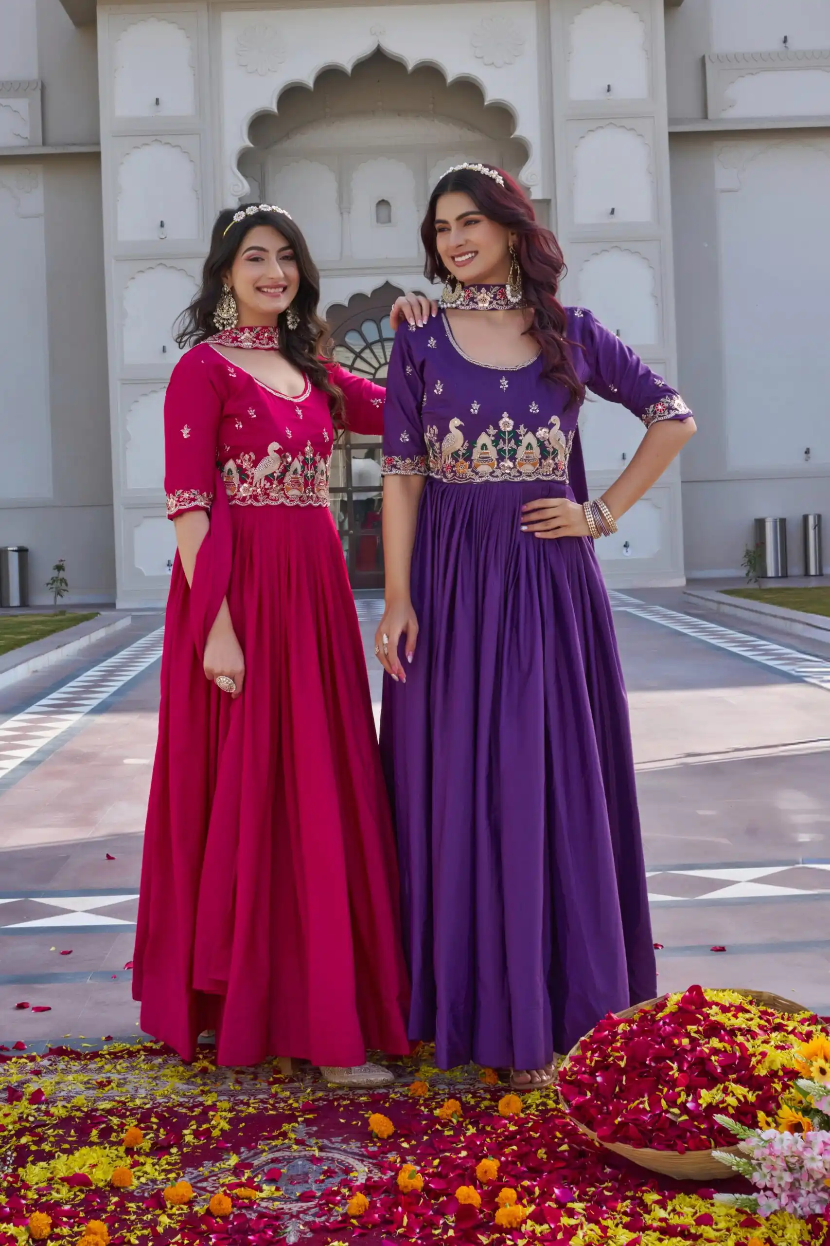 Ram 152 Pink Crap Silk Gown Perfect for Wedding, Party, Durga Puja, Temple Visit, Raksha Bandhan – . Available at ₹1899 only. Delivery 4-6 Working Days | Bollywood Gowns, Creative Gowns, Designer Gowns, Embroidered Gowns, Gowns, Party Wear Gowns