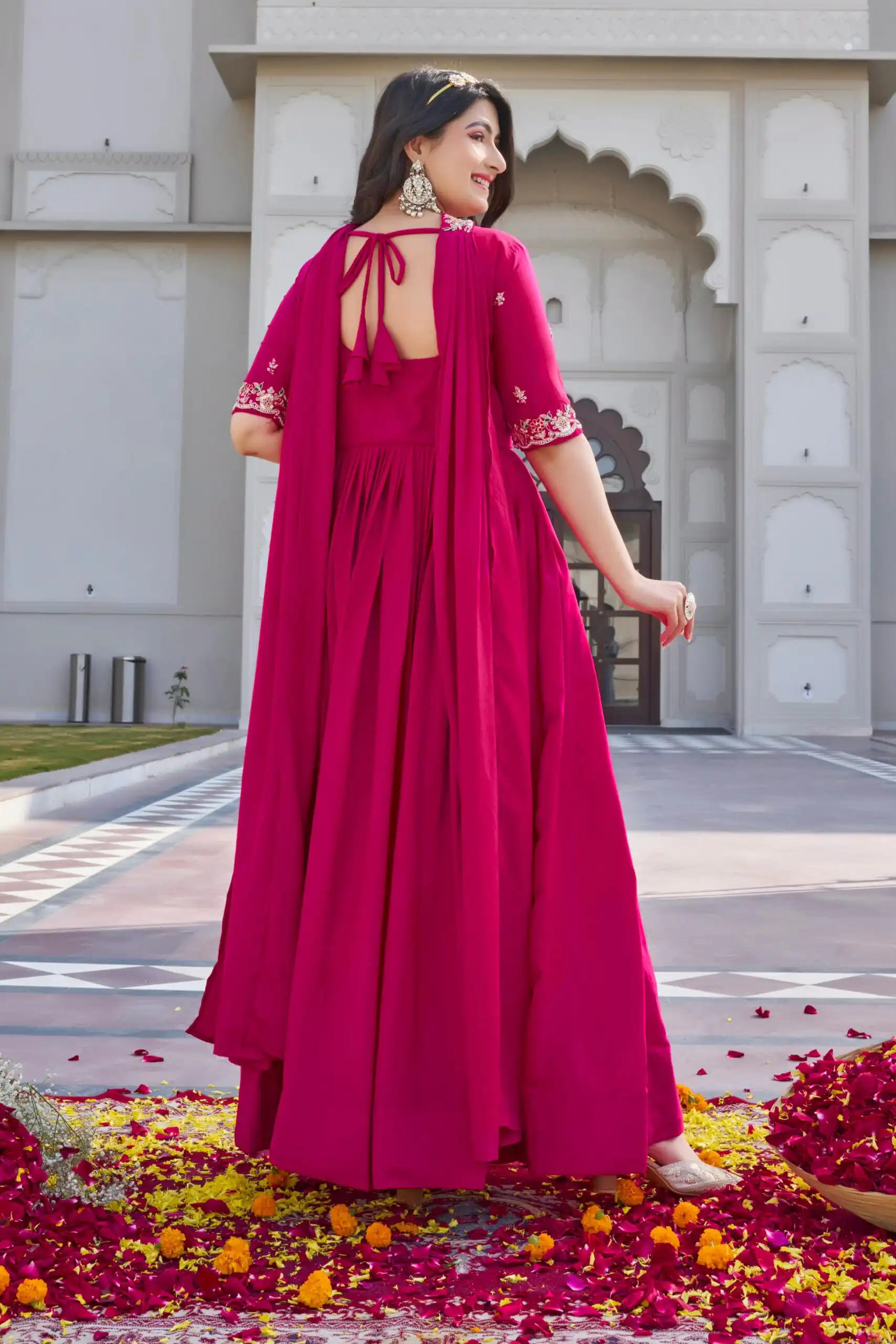 Ram 152 Pink Crap Silk Gown Perfect for Wedding, Party, Durga Puja, Temple Visit, Raksha Bandhan – . Available at ₹1899 only. Delivery 4-6 Working Days | Bollywood Gowns, Creative Gowns, Designer Gowns, Embroidered Gowns, Gowns, Party Wear Gowns