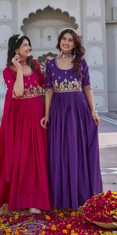 Ram 152 Pink Crap Silk Gown Perfect for Wedding, Party, Durga Puja, Temple Visit, Raksha Bandhan – . Available at ₹1899 only. Delivery 4-6 Working Days | Bollywood Gowns, Creative Gowns, Designer Gowns, Embroidered Gowns, Gowns, Party Wear Gowns