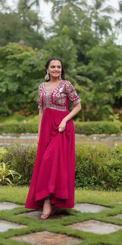 KA 1110 Pink Faux Blooming Gown Perfect for Wedding, Party, Holi, Lohri, Baby Shower – . Introductory Price ₹1649. Delivery 4-6 Working Days. Shop no | Bollywood Gowns, Creative Gowns, Designer Gowns, Embroidered Gowns, Gowns, Party Wear Gowns
