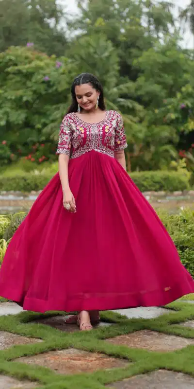 KA 1110 Pink Faux Blooming Gown Perfect for Wedding, Party, Holi, Lohri, Baby Shower – . Introductory Price ₹1649. Delivery 4-6 Working Days. Shop no | Bollywood Gowns, Creative Gowns, Designer Gowns, Embroidered Gowns, Gowns, Party Wear Gowns