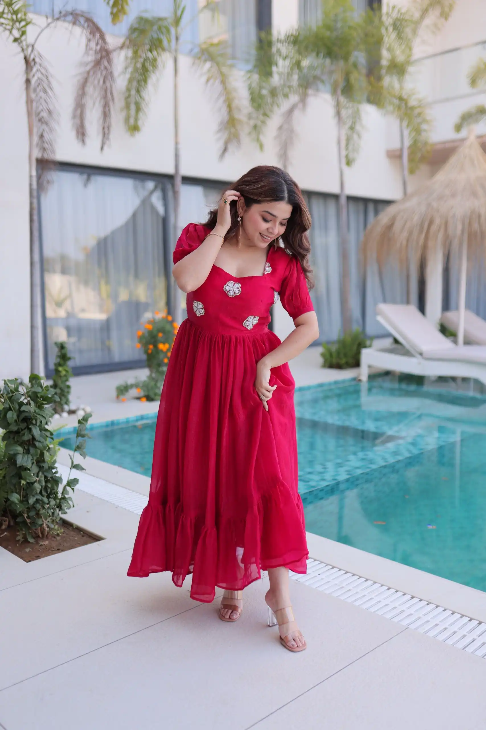 KA 1224 Pink Color Fendi Silk Gown with Embroidery Work & Bead Work. Get it for ₹1769. Delivery 4-6 Working Days. Shop now. | Bollywood Gowns, Creative Gowns, Designer Gowns, Embroidered Gowns, Gowns, Party Wear Gowns