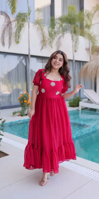 KA 1224 Pink Color Fendi Silk Gown with Embroidery Work & Bead Work. Get it for ₹1769. Delivery 4-6 Working Days. Shop now. | Bollywood Gowns, Creative Gowns, Designer Gowns, Embroidered Gowns, Gowns, Party Wear Gowns