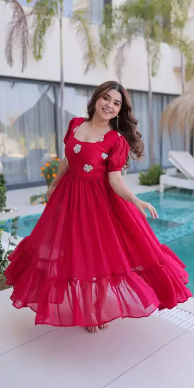 KA 1224 Pink Color Fendi Silk Gown with Embroidery Work & Bead Work. Get it for ₹1769. Delivery 4-6 Working Days. Shop now. | Bollywood Gowns, Creative Gowns, Designer Gowns, Embroidered Gowns, Gowns, Party Wear Gowns