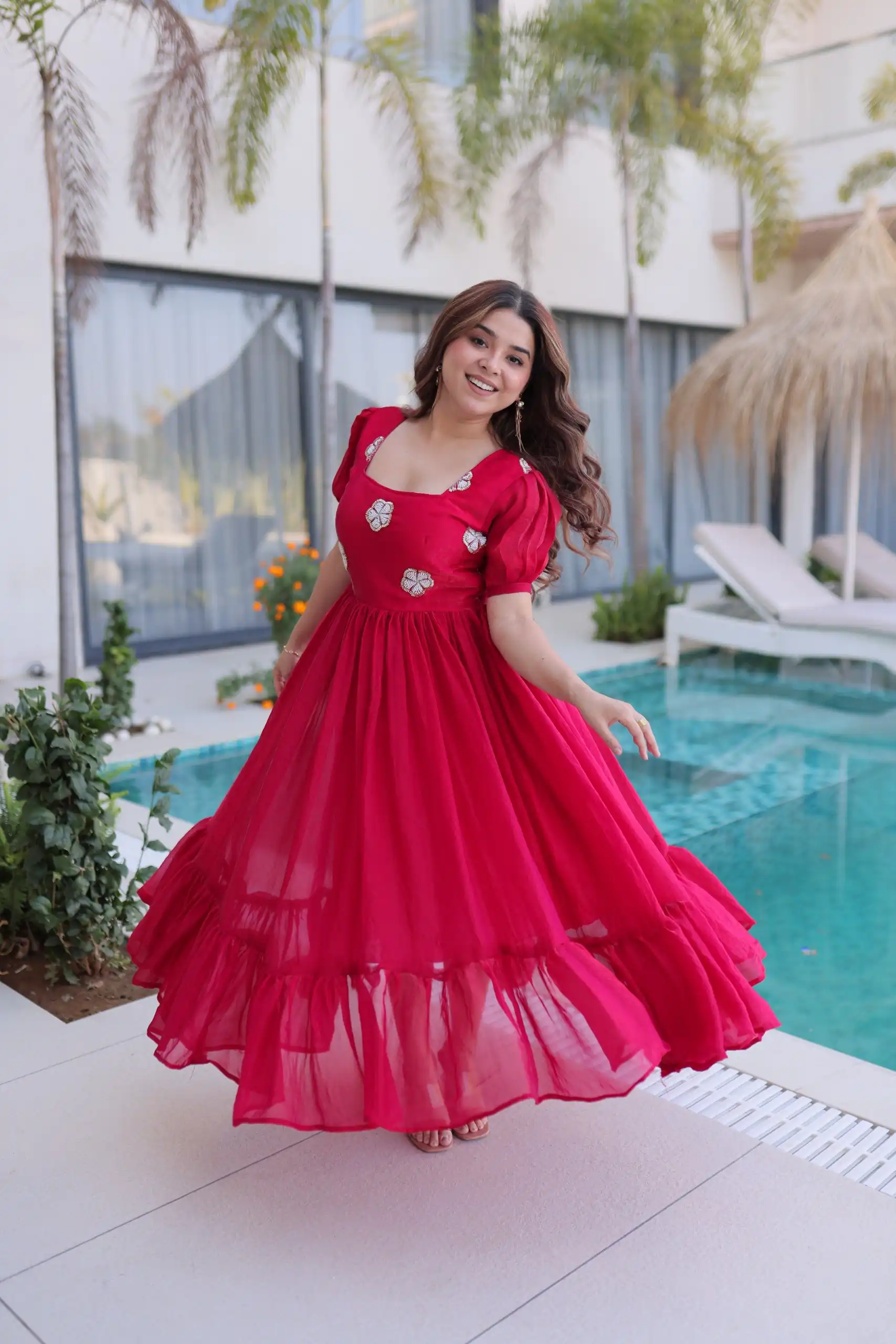 KA 1224 Pink Color Fendi Silk Gown with Embroidery Work & Bead Work. Get it for ₹1769. Delivery 4-6 Working Days. Shop now. | Bollywood Gowns, Creative Gowns, Designer Gowns, Embroidered Gowns, Gowns, Party Wear Gowns