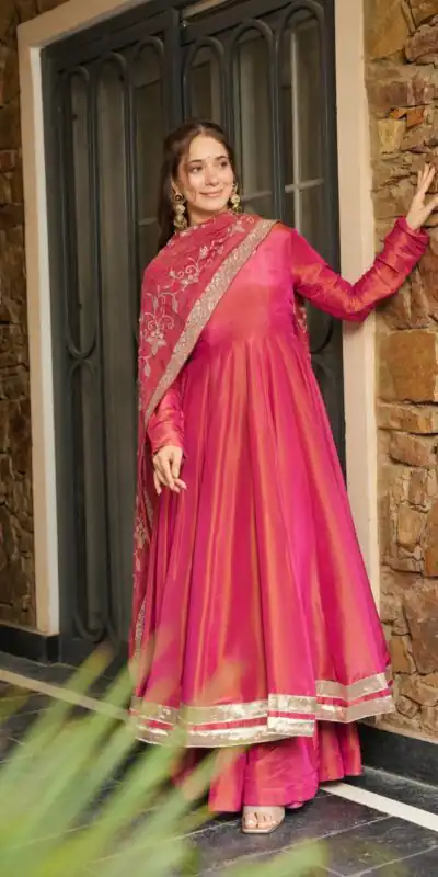 SRK 5289 Pink Roman Simmer Silk Border Work Gown. Wedding, Party, Festive, Events Grab it for ₹1649. Delivery 4-6 Working Days. Shop now. | Bollywood Gowns, Creative Gowns, Designer Gowns, Embroidered Gowns, Gowns, Party Wear Gowns