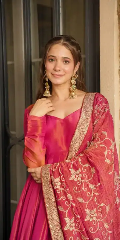 SRK 5289 Pink Roman Simmer Silk Border Work Gown. Wedding, Party, Festive, Events Grab it for ₹1649. Delivery 4-6 Working Days. Shop now. | Bollywood Gowns, Creative Gowns, Designer Gowns, Embroidered Gowns, Gowns, Party Wear Gowns