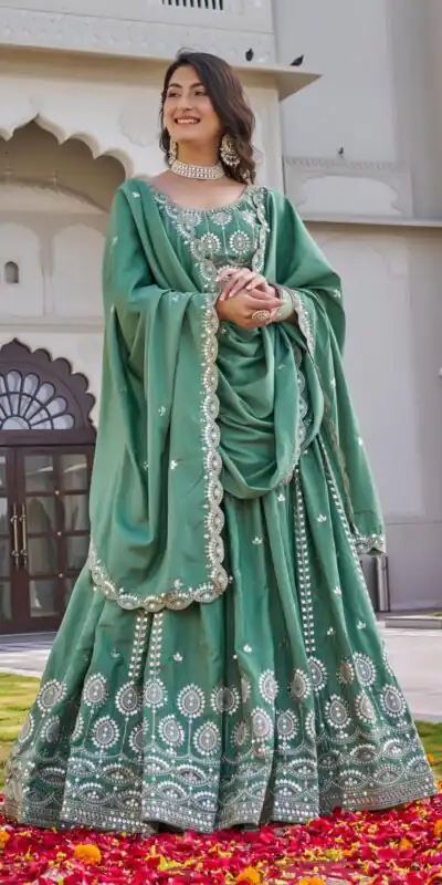 Ram 154 Pista Color Crap Silk Lehenga Choli with Embroidery Work. Now at just ₹2549. Delivery 4-6 Working Days. Shop now. | Bollywood Lehenga, Creative Lehenga, Designer Lehenga, Embroidered Lehenga, Lehenga, Party Wear Lehenga