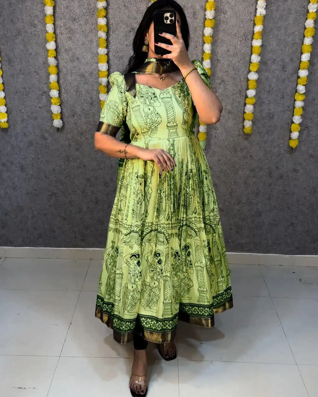 MF 666 Pista Malai Satin Gown with Digital Print & Kalamkari Print. Now at just ₹1499. Delivery 4-6 Working Days. Shop now. | Bollywood Gowns, Creative Gowns, Designer Gowns, Embroidered Gowns, Gowns, Party Wear Gowns