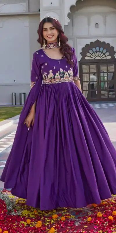 Ram 152 Purple Crap Silk Gown Perfect for Wedding, Party, Durga Puja, Temple Visit, Raksha Bandhan – . Available at ₹1899 only. Delivery 4-6 Working Days | Bollywood Gowns, Creative Gowns, Designer Gowns, Embroidered Gowns, Gowns, Party Wear Gowns