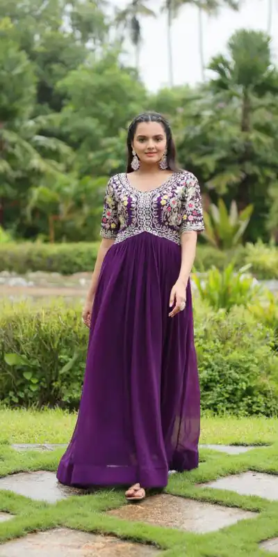 KA 1110 Purple Faux Blooming Gown Perfect for Wedding, Party, Holi, Lohri, Baby Shower – . Introductory Price ₹1649. Delivery 4-6 Working Days. Shop no | Bollywood Gowns, Creative Gowns, Designer Gowns, Embroidered Gowns, Gowns, Party Wear Gowns