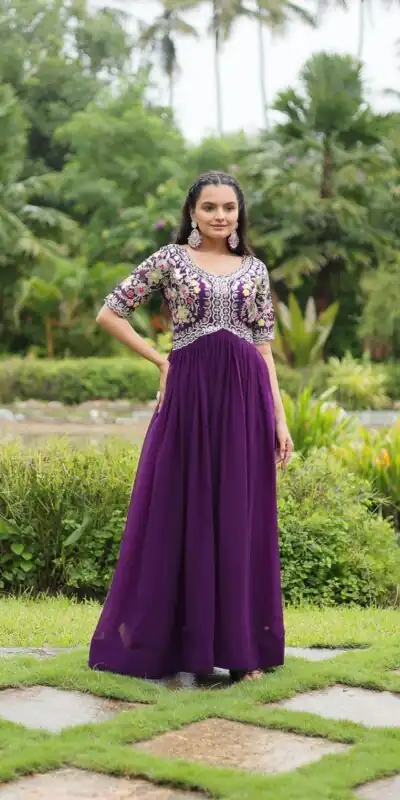 KA 1110 Purple Faux Blooming Gown Perfect for Wedding, Party, Holi, Lohri, Baby Shower – . Introductory Price ₹1649. Delivery 4-6 Working Days. Shop no | Bollywood Gowns, Creative Gowns, Designer Gowns, Embroidered Gowns, Gowns, Party Wear Gowns