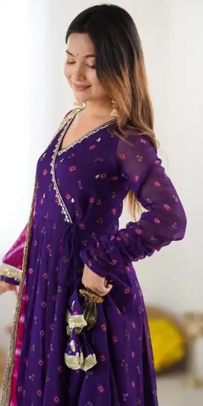 ST 1116 Purple Faux Georgette Gown with Digital Print & Embroidery Work. Exclusive Offer ₹1999. Delivery 4-6 Working Days. Shop now. | Bollywood Gowns, Creative Gowns, Designer Gowns, Embroidered Gowns, Gowns, Party Wear Gowns