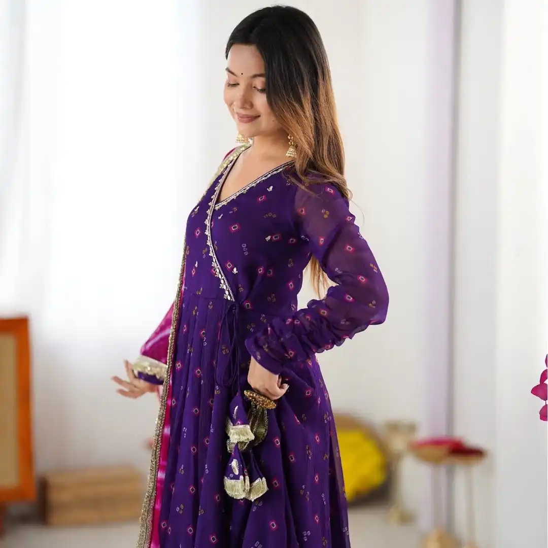 ST 1116 Purple Faux Georgette Gown with Digital Print & Embroidery Work. Exclusive Offer ₹1999. Delivery 4-6 Working Days. Shop now. | Bollywood Gowns, Creative Gowns, Designer Gowns, Embroidered Gowns, Gowns, Party Wear Gowns