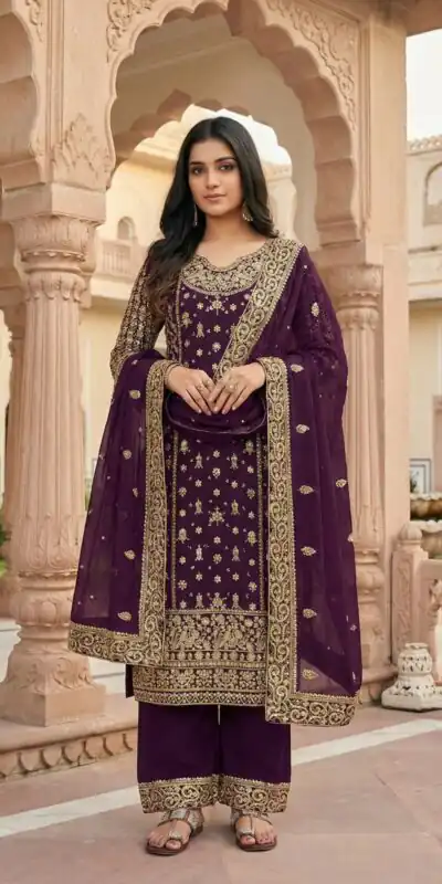 NSR 879 Purple Faux Georgette Salwar Suit with Embroidery Work. Available at ₹2399 only. Delivery 4-6 Working Days. Shop now. | Casual Suits, Jump Suits, Tops & Bottoms, Track Suits, Trendy Wear, Creative suits, Designer Suits, Palazzo Suits, Party Wear Suits, Patiala Suits, Salwar suit, Straight Suits