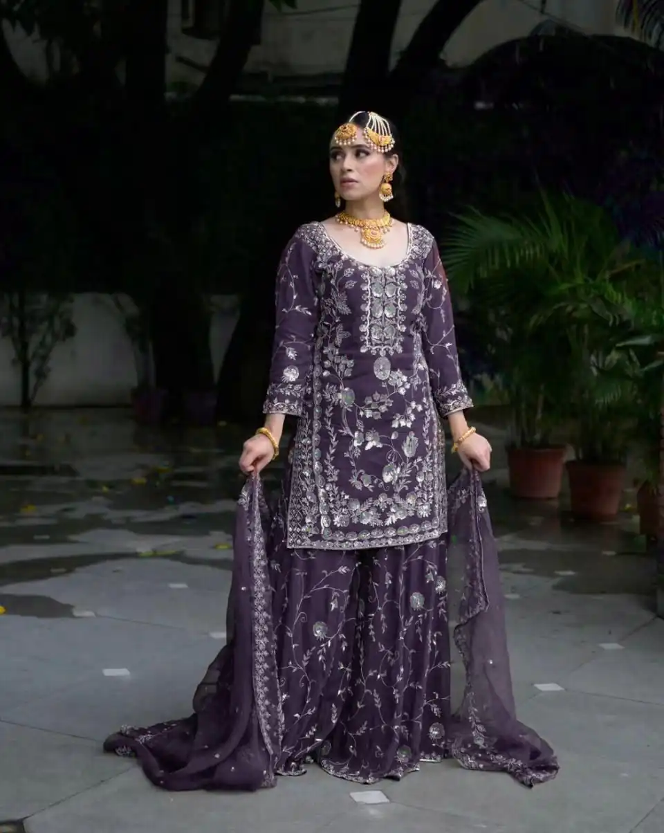 VLM 226 Purple Fox Georgette with Embroidery Work & Lace Work Salwar Suit . Festive Deal ₹2499. Delivery 4-6 Working Days. Shop now. | Casual Suits, Jump Suits, Creative suits, Designer Suits, Palazzo Suits, Party Wear Suits, Patiala Suits, Salwar suit, Straight Suits