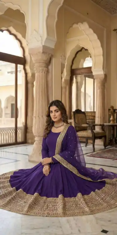 ZSR 3152 Purple Color Roman silk Gown with Embroidery Work & Lace Work. Grab it for ₹2599. Delivery 4-6 Working Days. Shop now. | Bollywood Gowns, Creative Gowns, Designer Gowns, Embroidered Gowns, Gowns, Party Wear Gowns