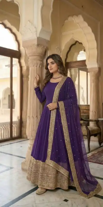 ZSR 3152 Purple Color Roman silk Gown with Embroidery Work & Lace Work. Grab it for ₹2599. Delivery 4-6 Working Days. Shop now. | Bollywood Gowns, Creative Gowns, Designer Gowns, Embroidered Gowns, Gowns, Party Wear Gowns