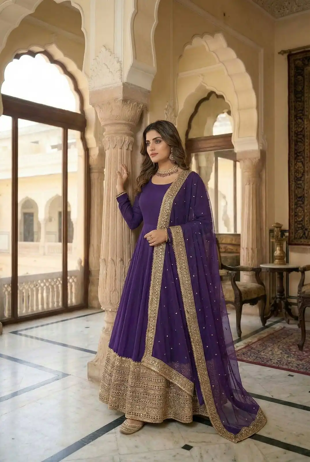 ZSR 3152 Purple Color Roman silk Gown with Embroidery Work & Lace Work. Grab it for ₹2599. Delivery 4-6 Working Days. Shop now. | Bollywood Gowns, Creative Gowns, Designer Gowns, Embroidered Gowns, Gowns, Party Wear Gowns