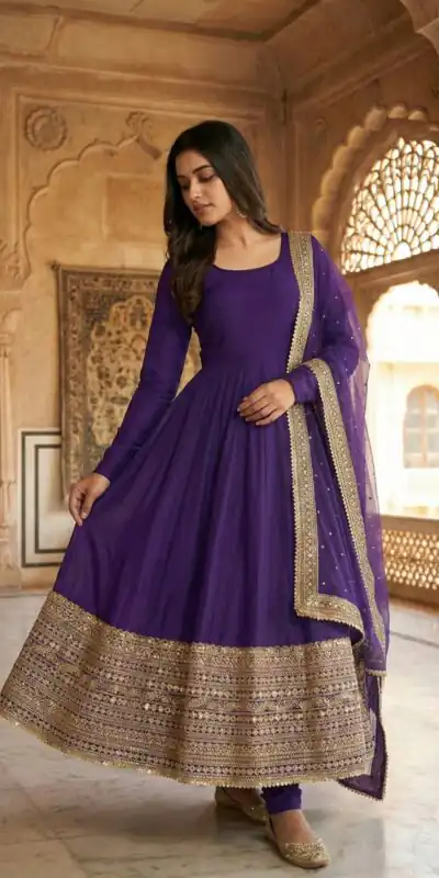 ZSR 3152 Purple Color Roman silk Gown with Embroidery Work & Lace Work. Grab it for ₹2599. Delivery 4-6 Working Days. Shop now. | Bollywood Gowns, Creative Gowns, Designer Gowns, Embroidered Gowns, Gowns, Party Wear Gowns