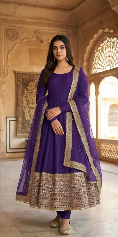 ZSR 3152 Purple Color Roman silk Gown with Embroidery Work & Lace Work. Grab it for ₹2599. Delivery 4-6 Working Days. Shop now. | Bollywood Gowns, Creative Gowns, Designer Gowns, Embroidered Gowns, Gowns, Party Wear Gowns