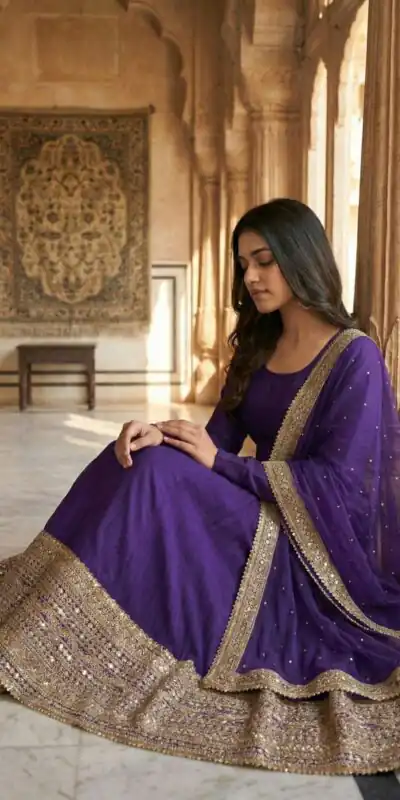 ZSR 3152 Purple Color Roman silk Gown with Embroidery Work & Lace Work. Grab it for ₹2599. Delivery 4-6 Working Days. Shop now. | Bollywood Gowns, Creative Gowns, Designer Gowns, Embroidered Gowns, Gowns, Party Wear Gowns