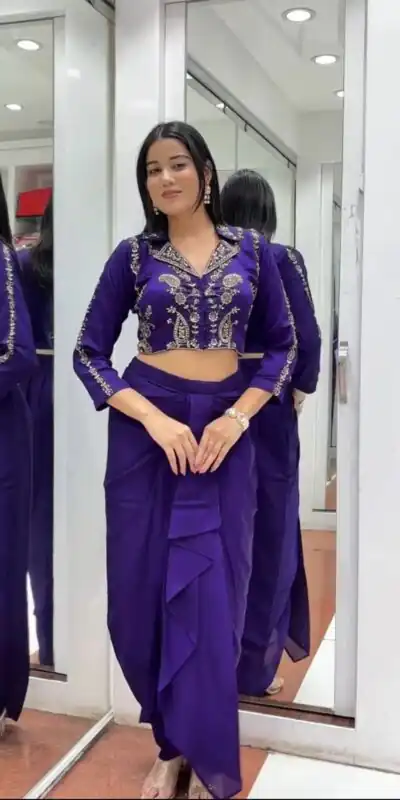BB 44 Purple Soft Chinon Silk Perfect for Wedding, Party, Durga Puja, Diwali, Holi –Dhoti Suit. Introductory Price ₹2099. Delivery 4-6 Working Days | Casual Suits, Jump Suits, Creative suits, Designer Suits, Palazzo Suits, Party Wear Suits, Patiala Suits, Salwar suit, Straight Suits