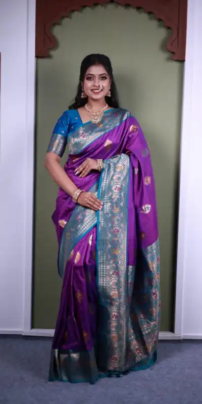 MB 22 Purple Soft Paithani Silk Saree with Zari Work & Lace Work. Affordable Price ₹2399. Delivery 4-6 Working Days. Shop now. | Creative Sarees, Bollywood Sarees, Designer Sarees, Embroidered Sarees, Ethnic Saree, Modern Digital sarees, Party Wear Sarees, Sarees