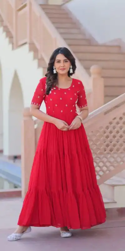 KA 1173 Red Faux Blooming Gown Perfect for Wedding, Party, Eid, Pooja, Baisakhi – . Now at just ₹1849. Delivery 4-6 Working Days. Shop now. | Bollywood Gowns, Creative Gowns, Designer Gowns, Embroidered Gowns, Gowns, Party Wear Gowns