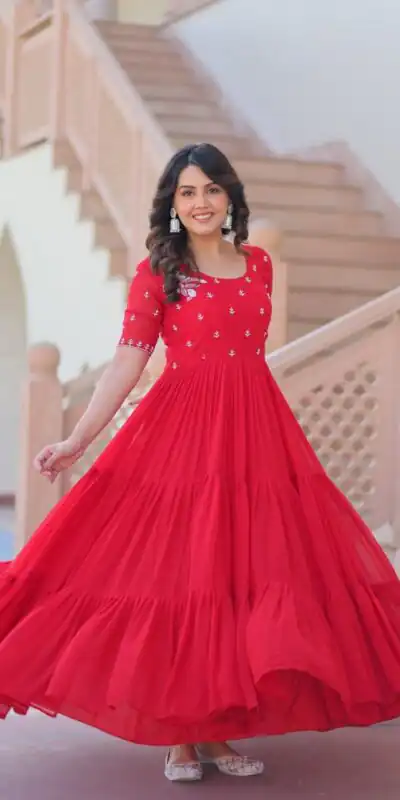 KA 1173 Red Faux Blooming Gown Perfect for Wedding, Party, Eid, Pooja, Baisakhi – . Now at just ₹1849. Delivery 4-6 Working Days. Shop now. | Bollywood Gowns, Creative Gowns, Designer Gowns, Embroidered Gowns, Gowns, Party Wear Gowns