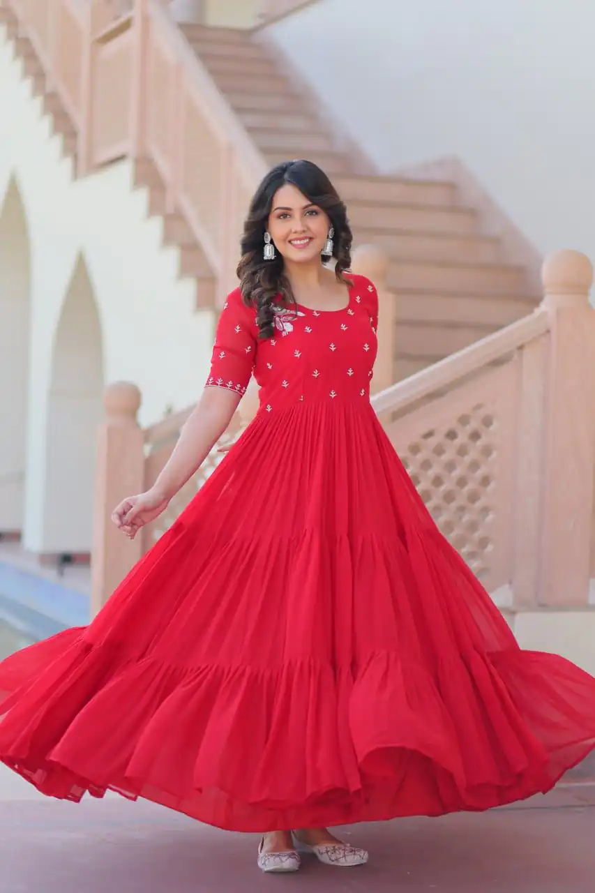KA 1173 Red Faux Blooming Gown Perfect for Wedding, Party, Eid, Pooja, Baisakhi – . Now at just ₹1849. Delivery 4-6 Working Days. Shop now. | Bollywood Gowns, Creative Gowns, Designer Gowns, Embroidered Gowns, Gowns, Party Wear Gowns