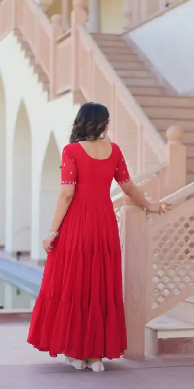 KA 1173 Red Faux Blooming Gown Perfect for Wedding, Party, Eid, Pooja, Baisakhi – . Now at just ₹1849. Delivery 4-6 Working Days. Shop now. | Bollywood Gowns, Creative Gowns, Designer Gowns, Embroidered Gowns, Gowns, Party Wear Gowns
